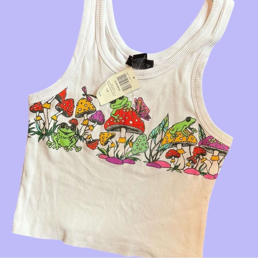 Hot Topic White Crop Top with Colorful Mushroom Design